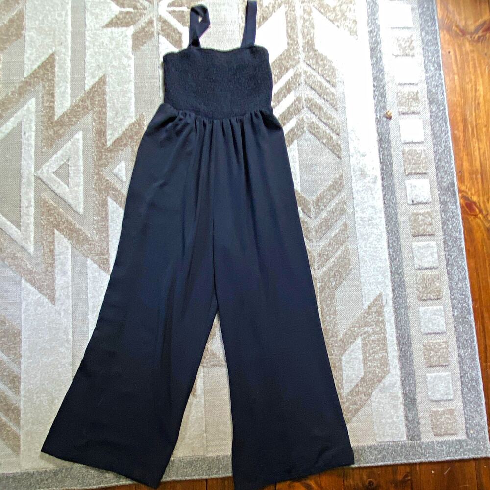 Black Smocked Square Neck Wide-Leg Woven Polyester Jumpsuit Size M